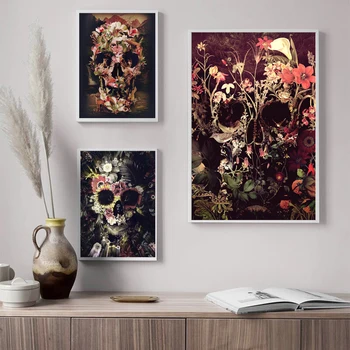 Resumo de Açúcar Crânio Flores de Arte Imprime o Dia dos Mortos Cartaz Macabra da Tatuagem da Arte de Parede Dom Imagens de Lona da Pintura a Decoração Home