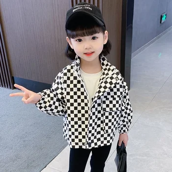 Meninas' Meninos' Casaco de 2023 Primavera Zipper Jaqueta coreano Tabuleiro de Xadrez Solta Moda Casual Superfície Lisa Outono de Crianças Topo