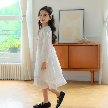 Crianças Outono Roupas de Vestidos da Menina de 2023 Nova da Chegada do Branco, a Princesa Vestido Bordado para as Meninas de Manga Longa na altura do Joelho Vestidos