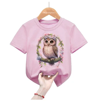 2024 Venda Quente Kawaii Coruja Amor Cópia Do Livro Camiseta Cor-De-Rosa Para As Meninas Cute Bird Crianças Roupas De Verão T-Shirt Manga Curta Streetwear