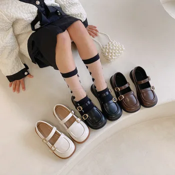 Meninas novas' Único Sapatos de Moda Britânico Botão de Metal Macio, Sola de Sapato Preto Bege Flats para a Escola, Festa de Casamento Sapatos de Couro