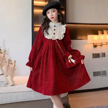 Meninas, vestidos para o outono/inverno de 2023, com acolchoado de veludo vestido de princesa infantil vermelho Chinês vestido de Ano Novo.