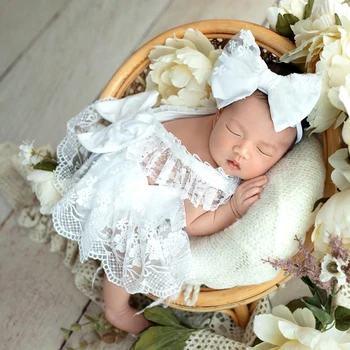 Ylsteed 2 Peças Conjunto de Recém-nascidos de Renda Branca Fotografia Roupas com Cabeça de Menina de Volta Bowknot Romper