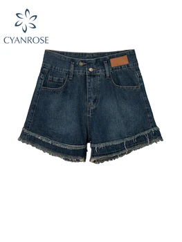 2023 Verão as Mulheres de Azul de Shorts Jeans de Cintura Alta Ampla Shorts Harajuku Streetwear Vintage coreano Y2k Casual de Uma Linha de Jean Shorts