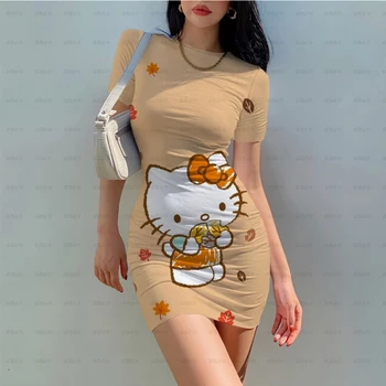 Hello Kitty Dress Mulher Cartoon Impressão Bodycon Fino De Lápis Bainha Do Vestido Da Moda Chique Mulheres Mini Vestido Sexy Vestidos Ropa Mujer