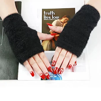 Inverno Fofo Metade Do Dedo Luvas De Cor Sólida Mulheres Luvas Sem Dedos Imitação De Vison Luvas De Mão De Pulso Tampa Do Braço Mais Quentes Elástico