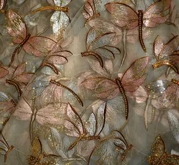 1 Jarda de Paetês Cinza Bordado de Borboleta, Libélula Vestuário de Tecido de Renda DIY de Roupas femininas Vestido Bordado, com 150 cm de Largura
