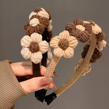 Crochê de Lã Flor Faixas de Cabelo para as Mulheres do Vintage Malha Cabeça da Menina Quente de Lã Tecer Liga Hairbands Acessórios de Cabelo coreano