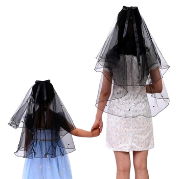 Camadas de Véu de Rendas com Contas Bowknot Tule Halloween Véu de Casamento para Adultos/Crianças Atacado