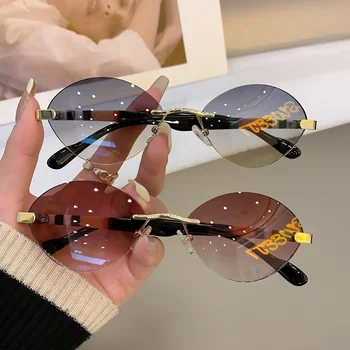 Vintage da Marca do Designer Oval Óculos de sol das Mulheres Retro Luxo sem aro Senhoras de Óculos de Sol dos Homens Tons de Óculos Oculos UV400 Atacado