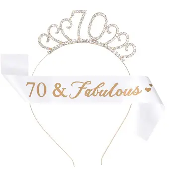Decoração Rainha de Prata Tiara Feliz Aniversário Coroa de Cristal 70 & Faixa 70º Aniversário de Faixa