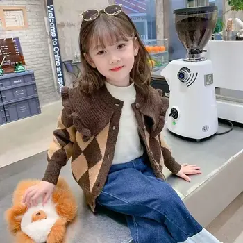 2023-Coreano De Meninas De Moda Camisola De Malha Cor Contrastante Criança Menina Cardigan Único Breasted Coats Outwears Roupas De Crianças